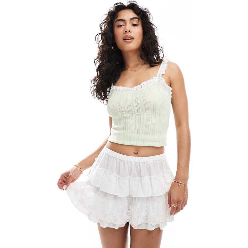 Miss Selfridge broderie trim ribbed cami top in green