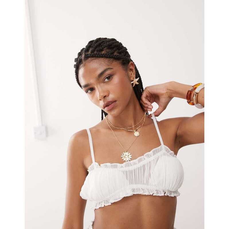 Miss Selfridge beach chiffon bra top co-ord in cream-White 106063397