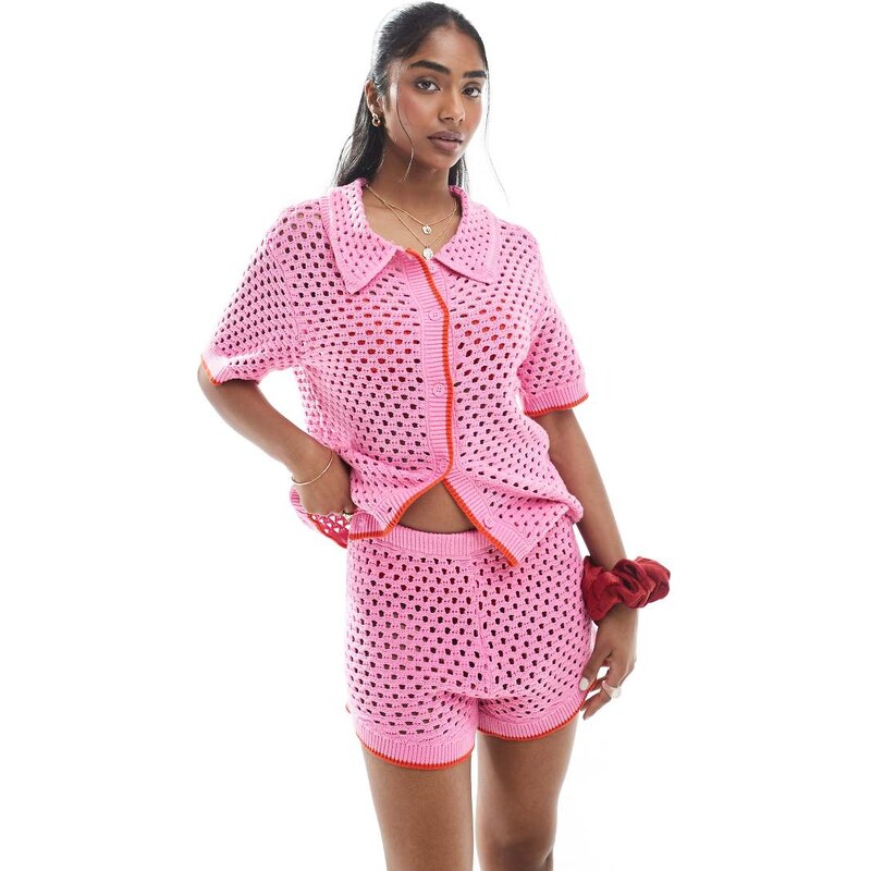 Pieces open knit short co-ord in pink and red