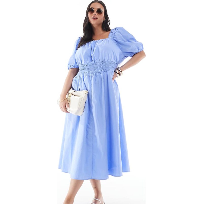 Vero Moda Curve puff sleeve milkmaid style midi dress in blue