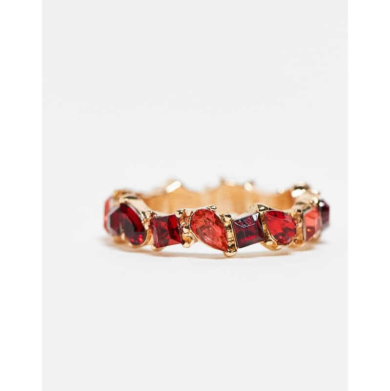ASOS DESIGN ring with tonal red crystals in gold tone 109741677