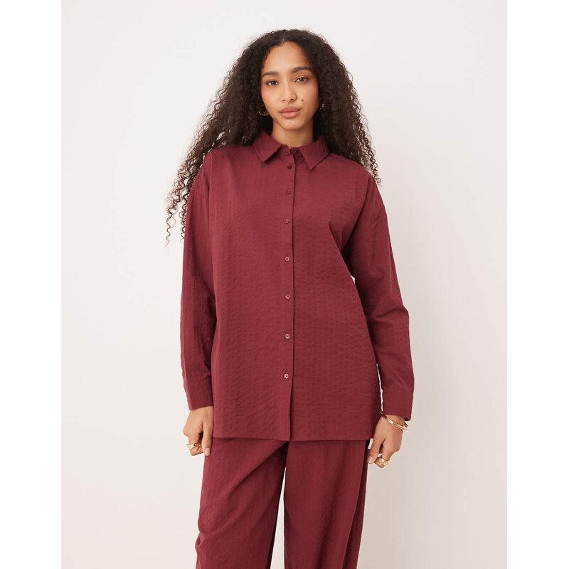 ASOS DESIGN seersucker wrap back stripe shirt co-ord in burgundy-Red 106063529