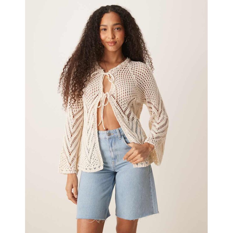 ASOS DESIGN crochet knit tie front cardigan in ecru-White 106063569