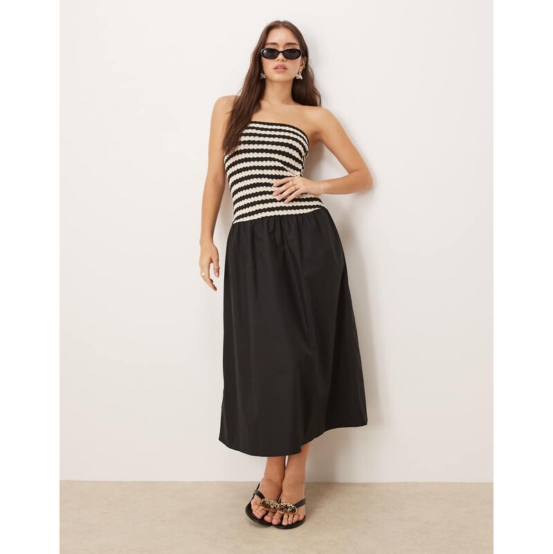 Mango cotton crochet stripe bodice midaxi dress in black
