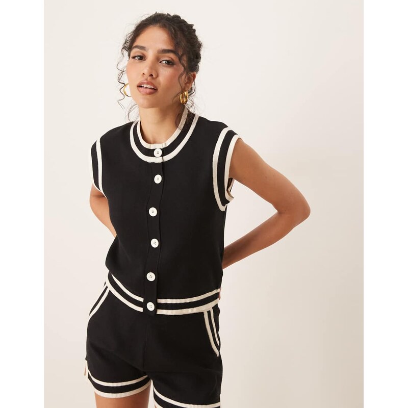 Brave Soul Co-ord knitted waistcoat with white piping in black