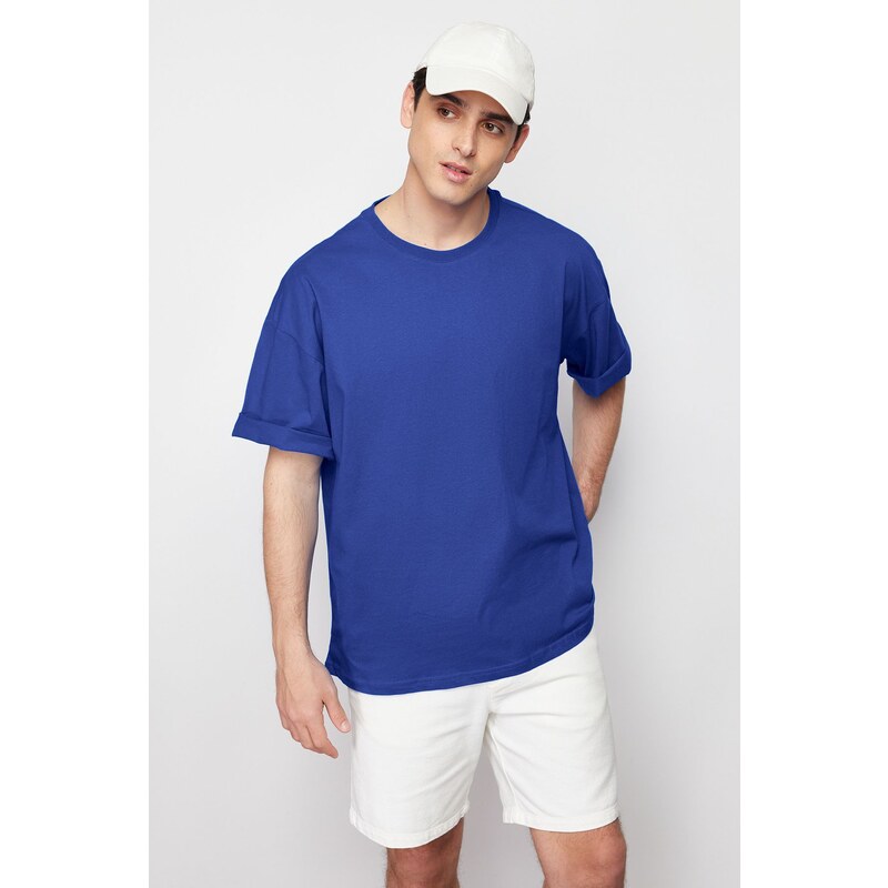 Trendyol Blue Oversize/Wide Basic Cut 100% Cotton T-Shirt
