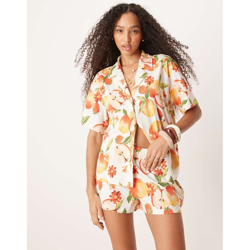 ASOS DESIGN linen look revere shirt co-ord in fruit print-White 106518904