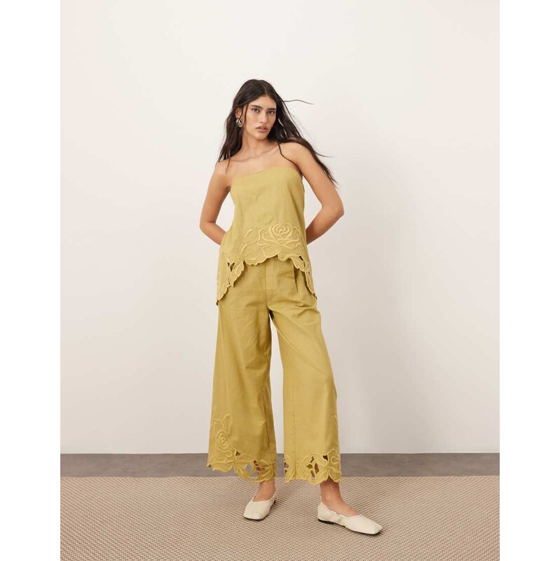 ARRANGE cotton embroidered floral cutwork trouser co-ord in olive 106093725
