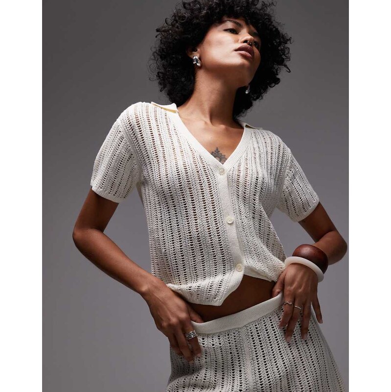 ARKET loose fit paper knitted short sleeve beach button up shirt in 106093772