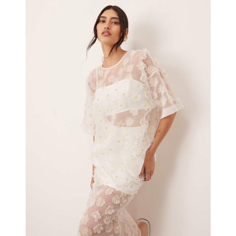 ARRANGE 3D daisy sheer oversized t-shirt co-ord-White 106093802