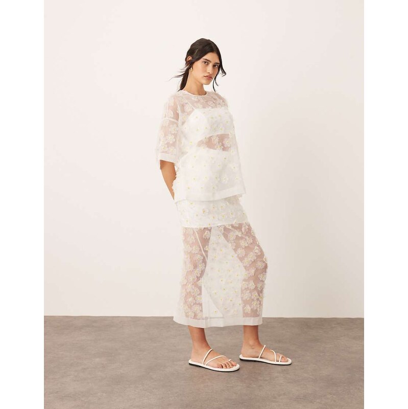 ARRANGE 3D daisy sheer column maxi skirt co-ord-White 106093803