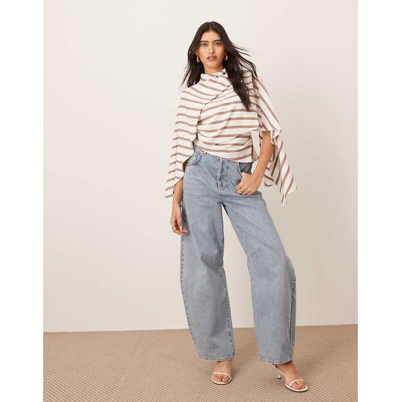 ARRANGE asymmetric top with drape neck detail in camel stripe-Multi 106094032