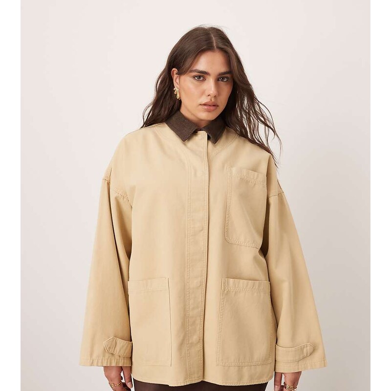 ARRANGE Curve canvas oversized barn shacket with cord collar in camel 106094092