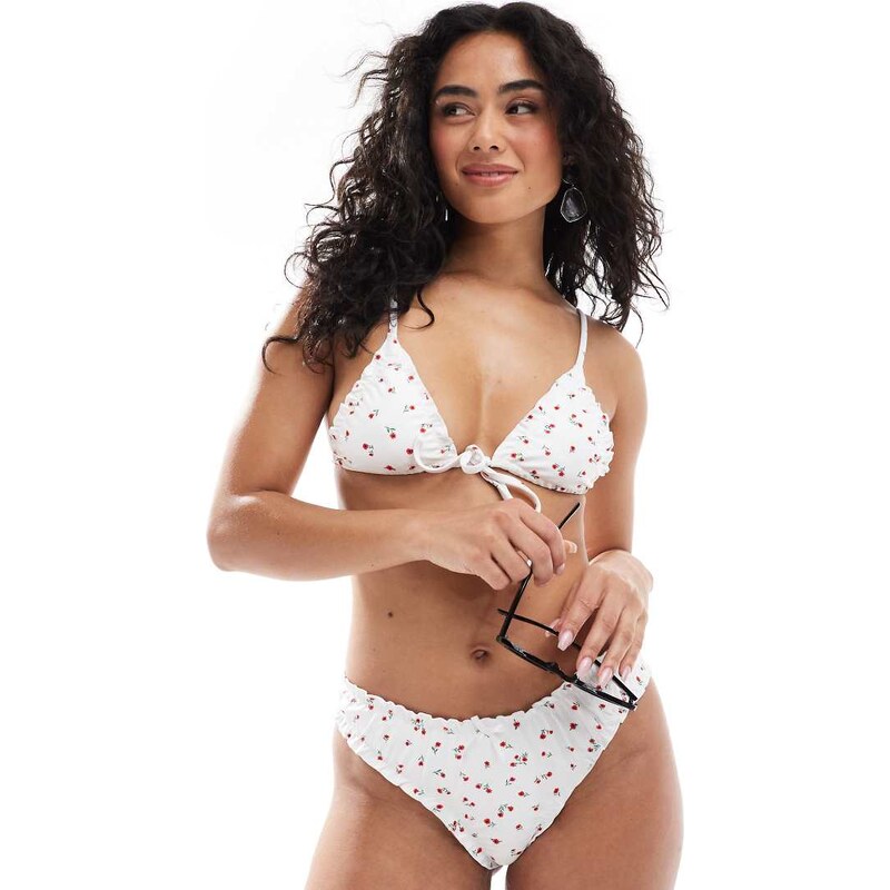 Daisy Street frill detail high leg bikini bottoms in white floral 106094058