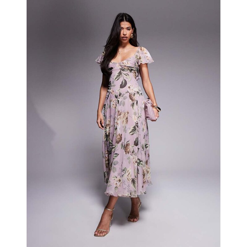 ASOS DESIGN dropped waist full skirt midi dress in lilac vintage