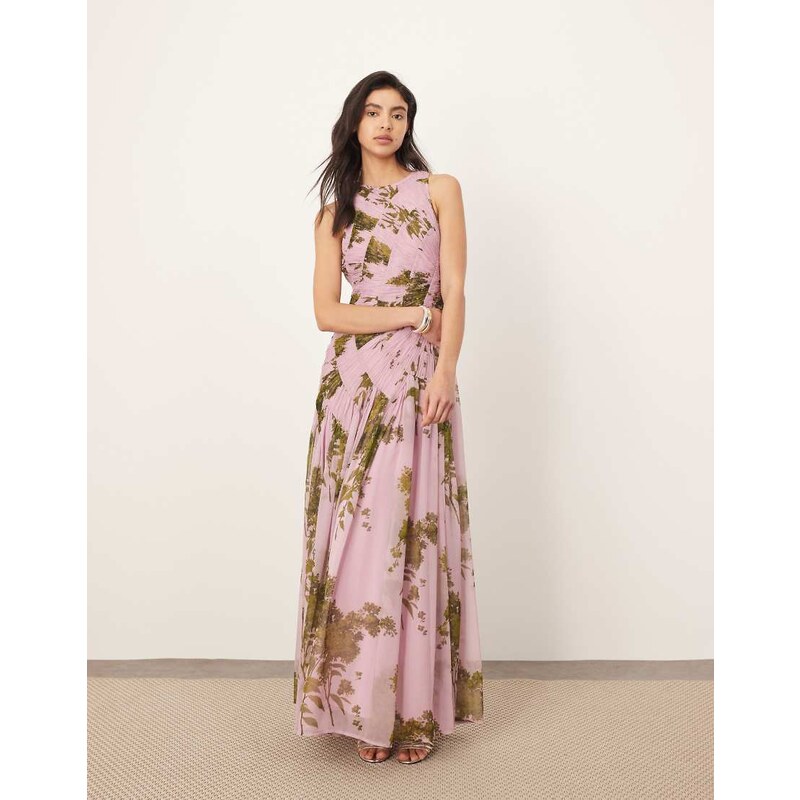 ARRANGE chiffon ruched panel dropped waist volume maxi dress in 106097562
