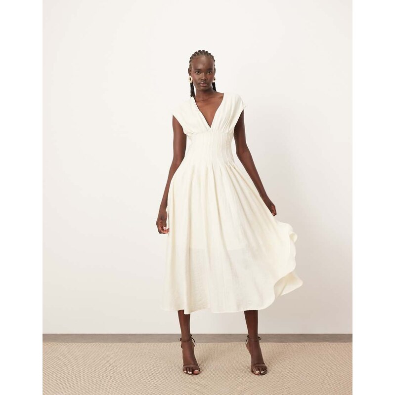 ARRANGE premium structured linen pleat waist midi dress with tie back 115564997