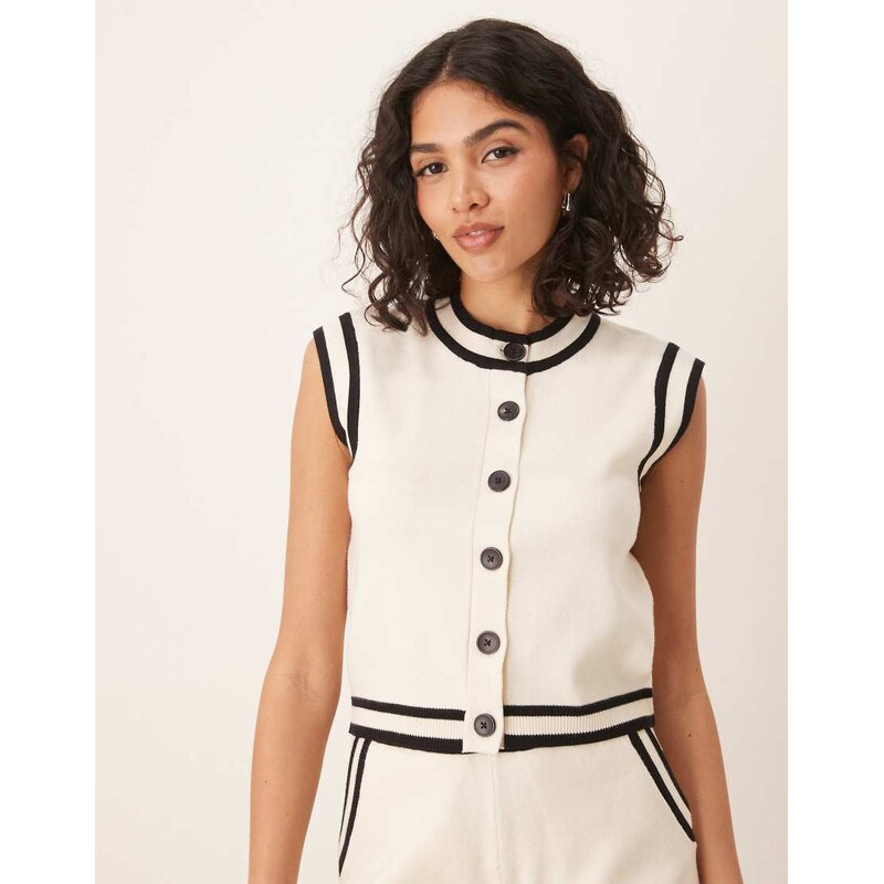 Brave Soul co-ord knitted waistcoat with black piping in white 106107393