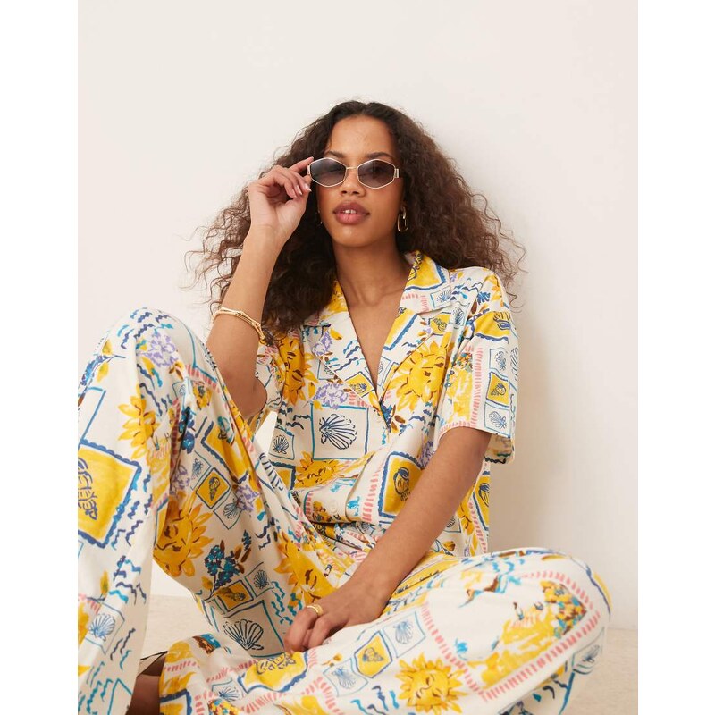 ASOS DESIGN linen look revere shirt co-ord in postcard print