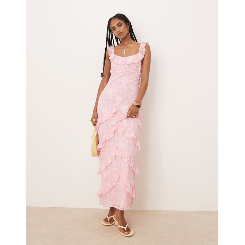 Pretty Lavish ruffle jacquard maxi dress in posie pink 115667071