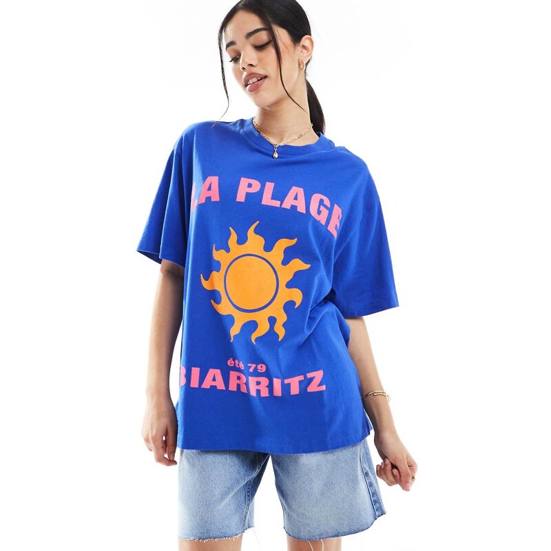 ASOS DESIGN oversized linen look t-shirt with la plage sun graphic in 106097549