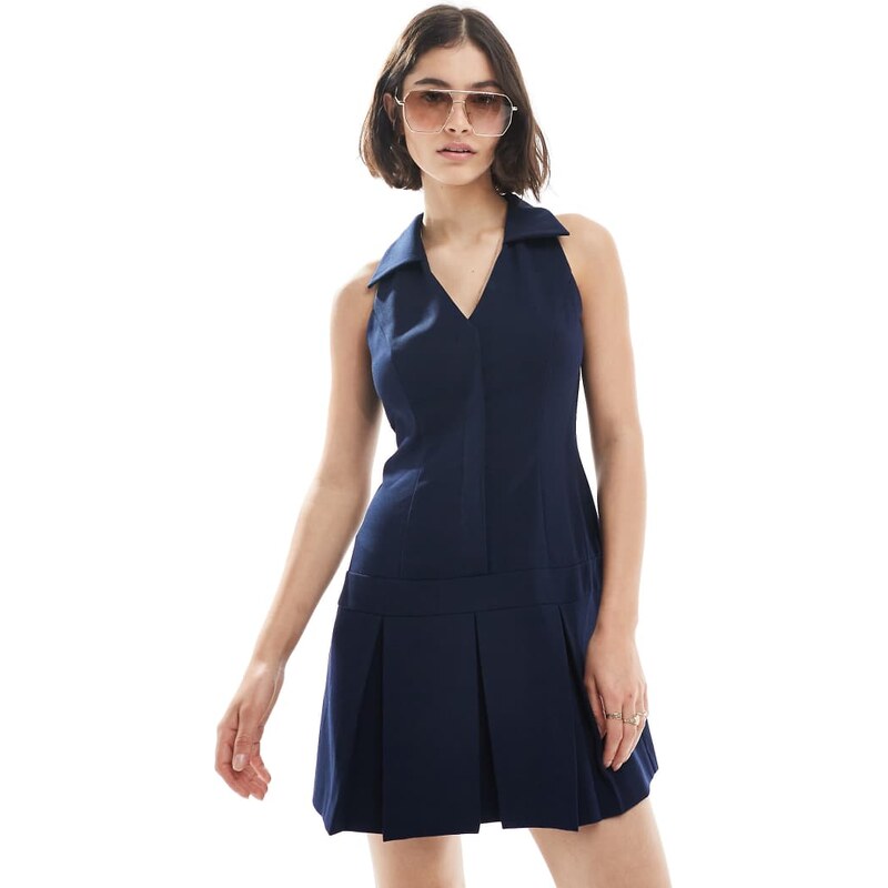 Miss Selfridge tailored halter neck mini dress in navy-White