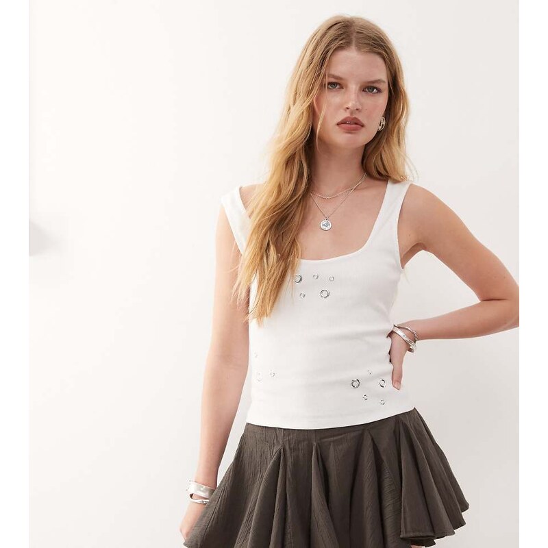 COLLUSION square neck rib vest with eyelets in white 106097642