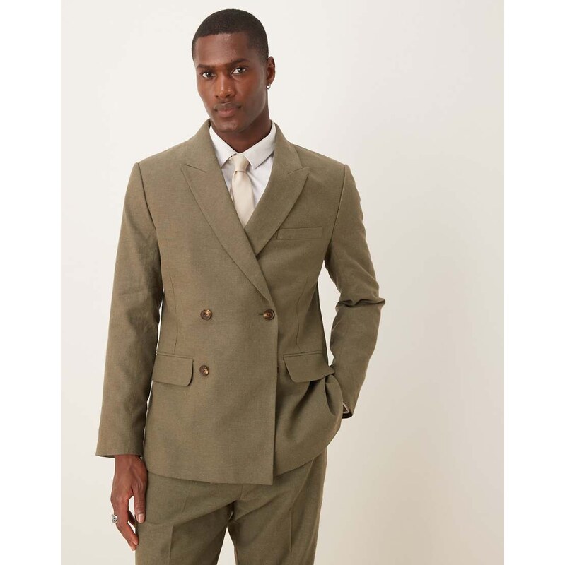 Abercrombie & Fitch double breasted linen suit blazer co-ord in olive 106097674