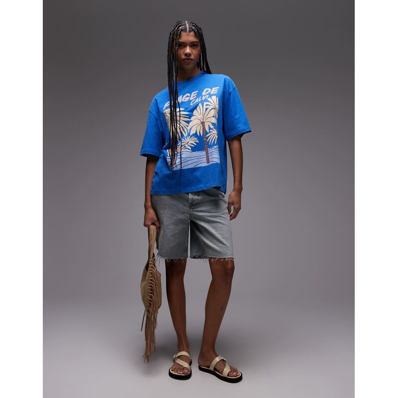 Topshop graphic Plage de Calvi oversized tee in cobalt blue 106097679