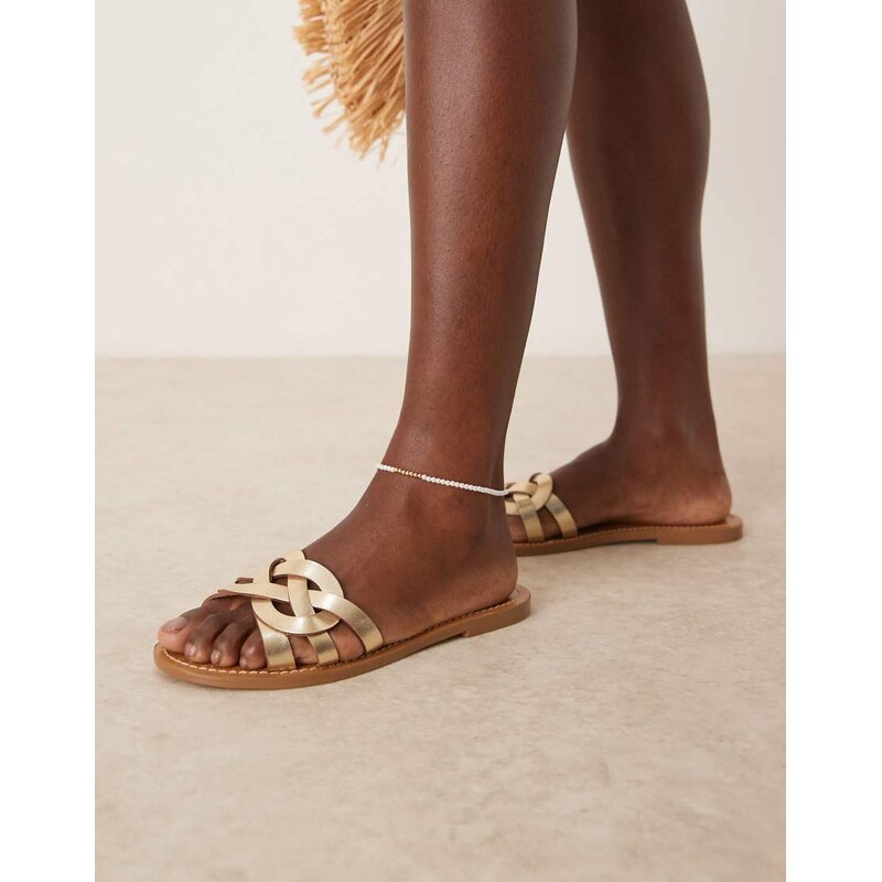 Mango leather braid detail sandal in gold