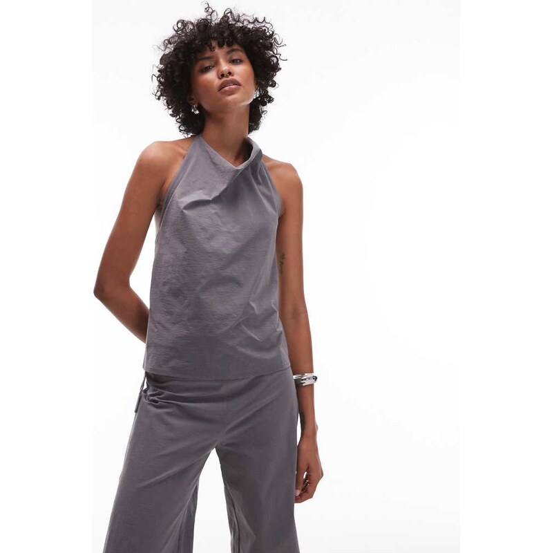 Mango drape neck open back bengaline top with hoop detail