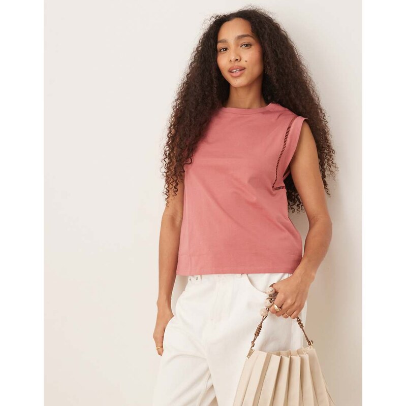 Mango loose fit t-shirt with cut out trim detail in coral pink 106097726