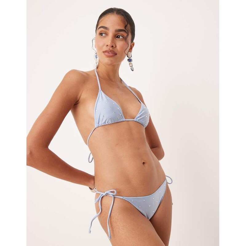 Mango diamante embellished tie side bikini bottoms in sky blue 106097729