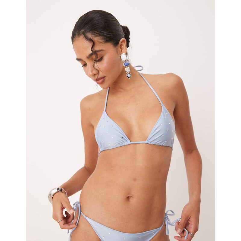 Mango diamante embellished tie neck bikini top in sky blue 106097730