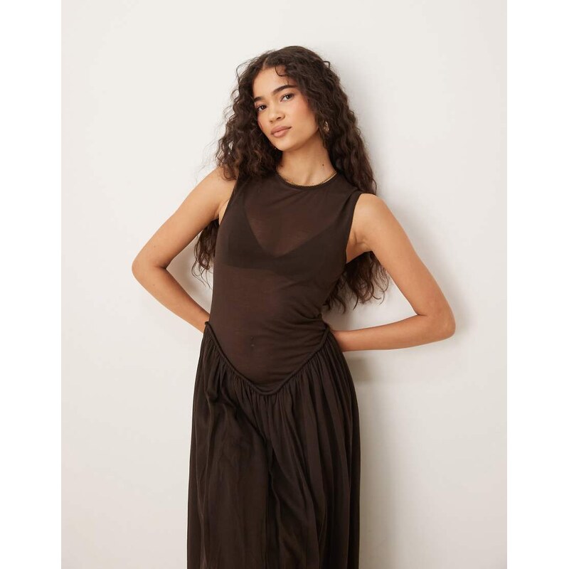 Mango capsule rami dropped waist crinkle midi dress in chocolate-Brown 106097779