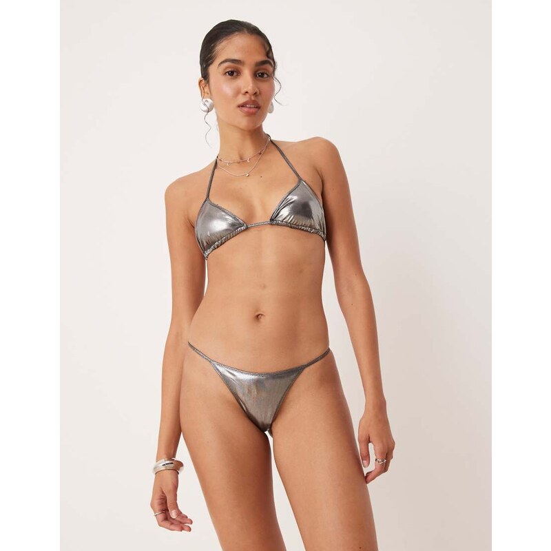Mango metallic tie side bikini bottom in silver 106097785