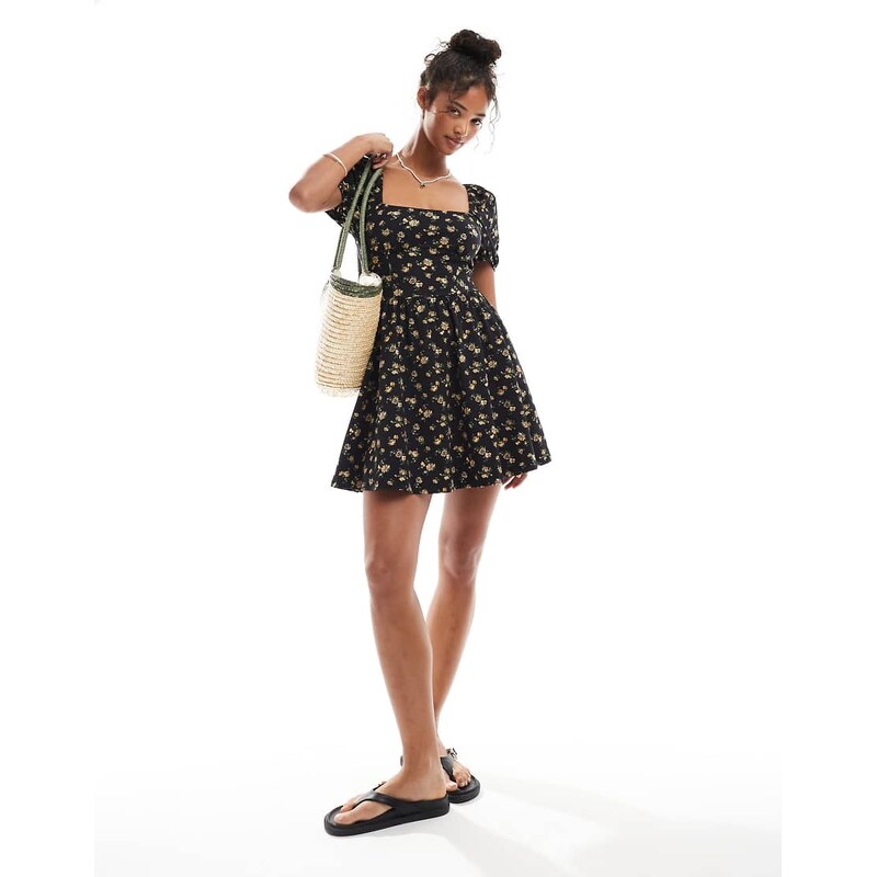 Miss Selfridge milkmaid puff sleeve mini dress in dark ditsy floral 106524308