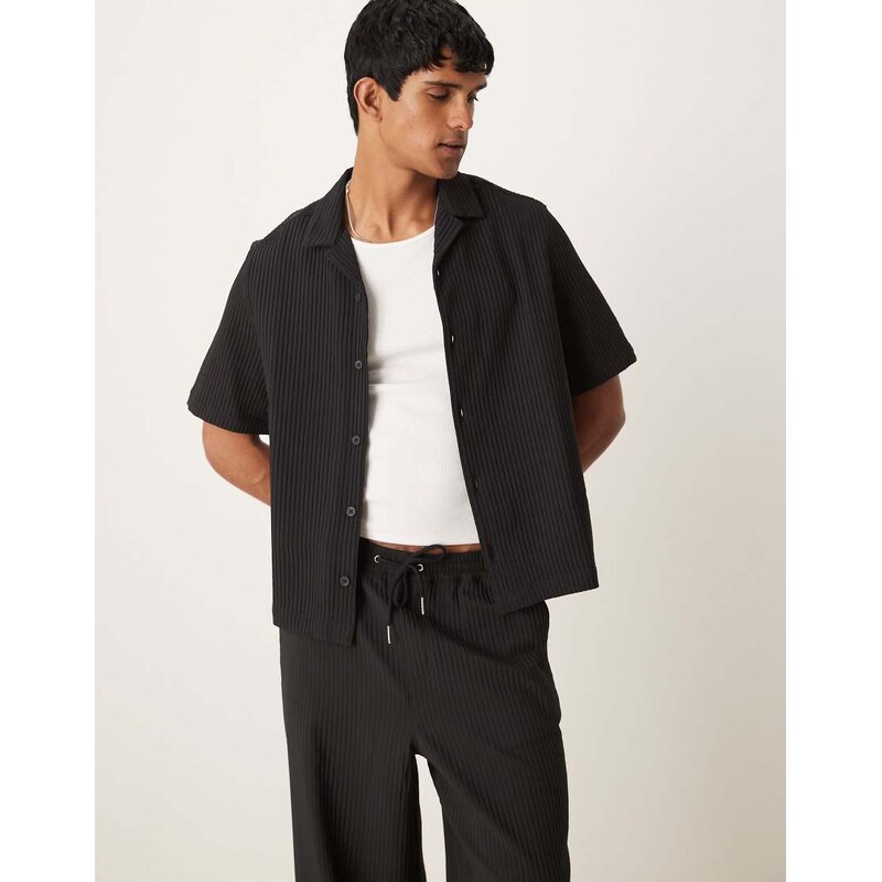 ASOS DESIGN co-ord boxy loose fit revere plisse shirt in black