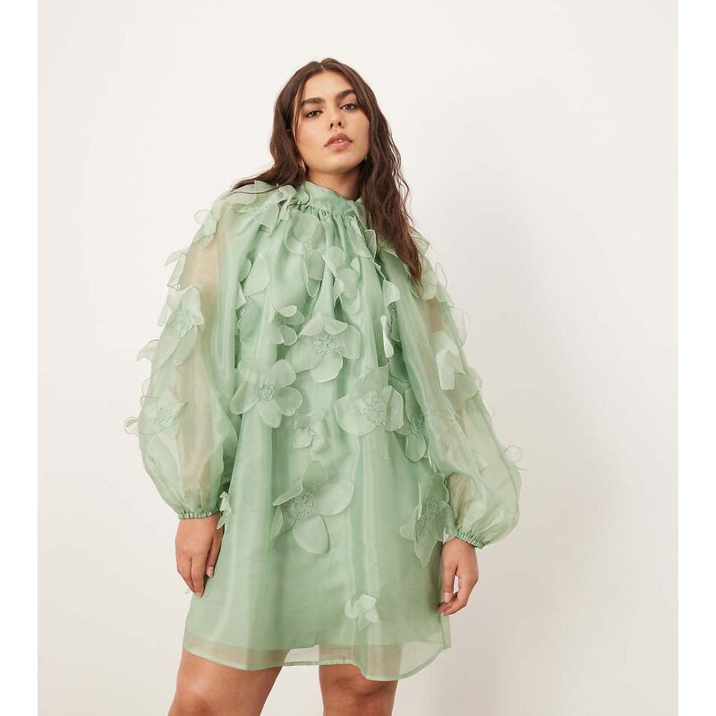 ARRANGE Curve applique organza floral high neck trapeze mini