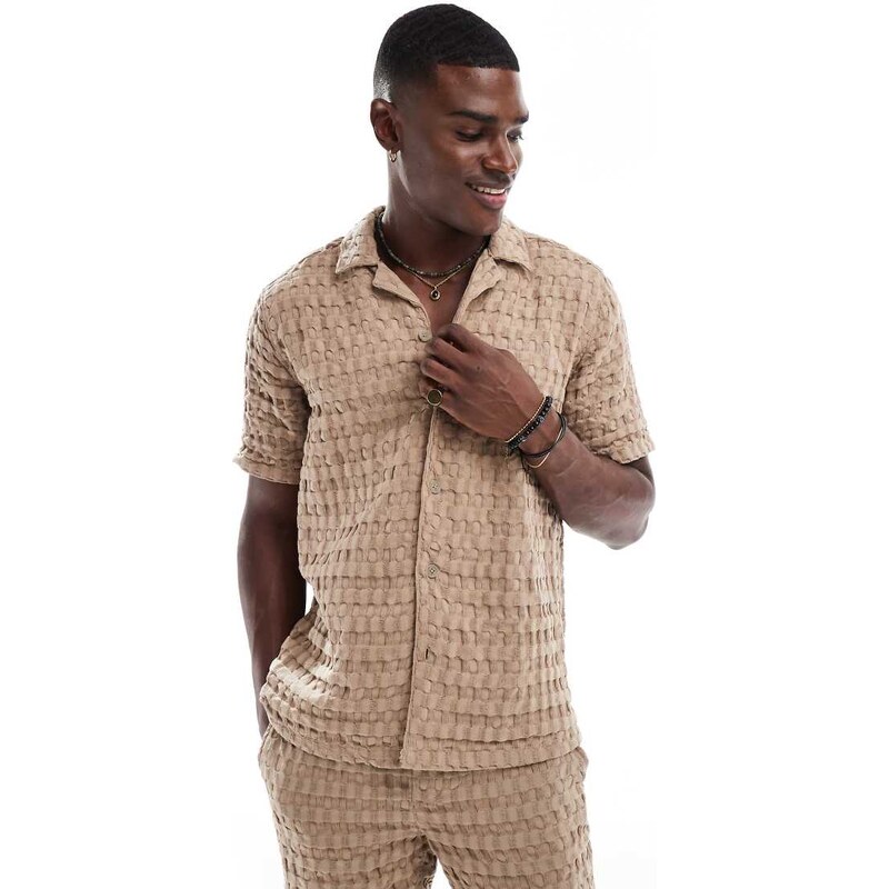 ONLY & SONS waffle shirt co-ord in beige-Neutral