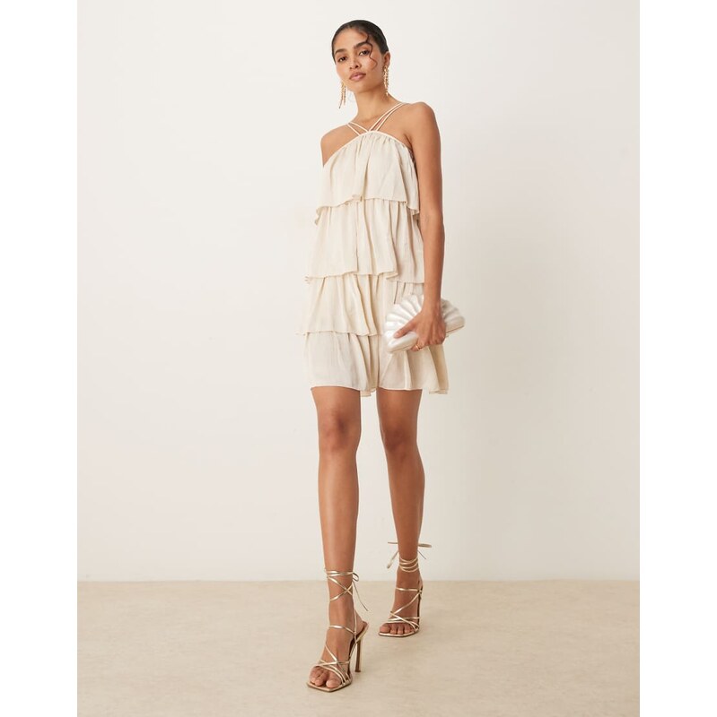 Vila high neck satin ruffle mini dress in birch cream-White