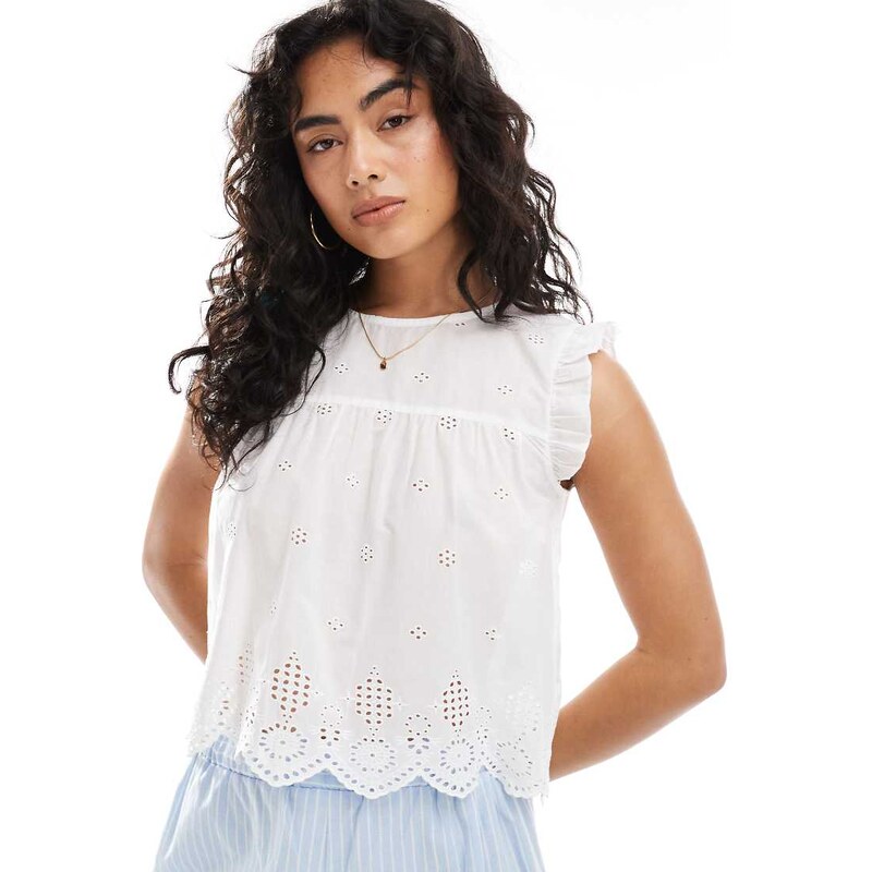 ONLY pointelle frill sleeve top in white