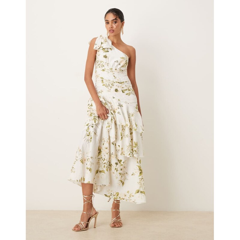 Vila premium one shoulder statement ruffle maxi dress in cream