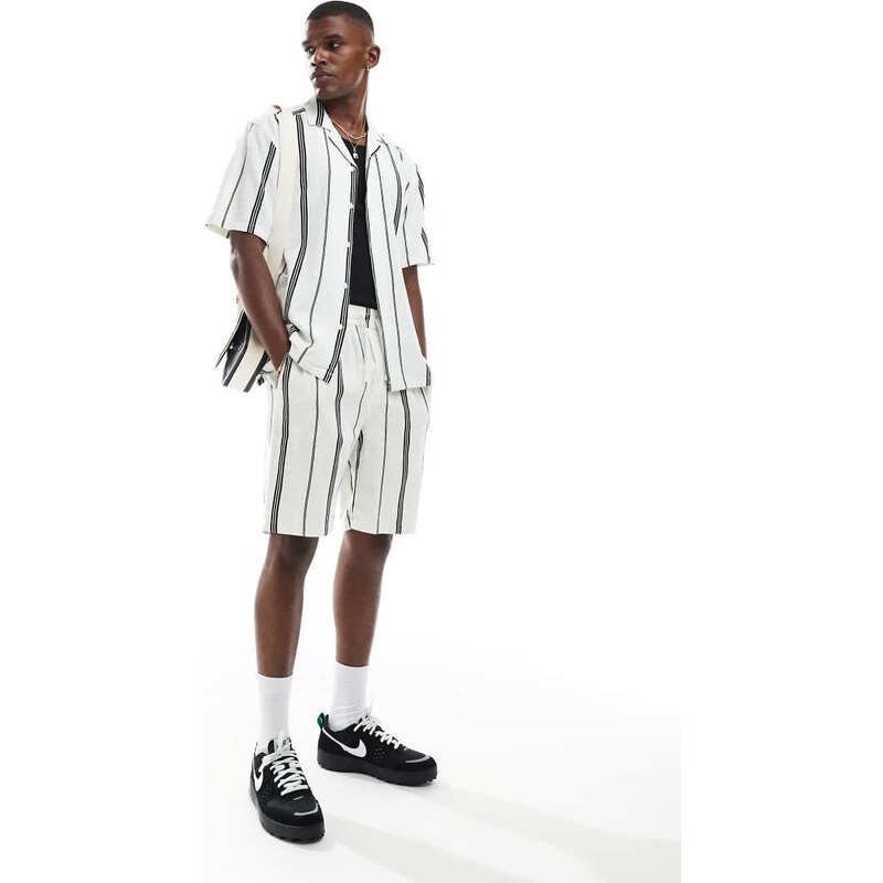 ONLY & SONS linen look short co-ord in mono stripe-White