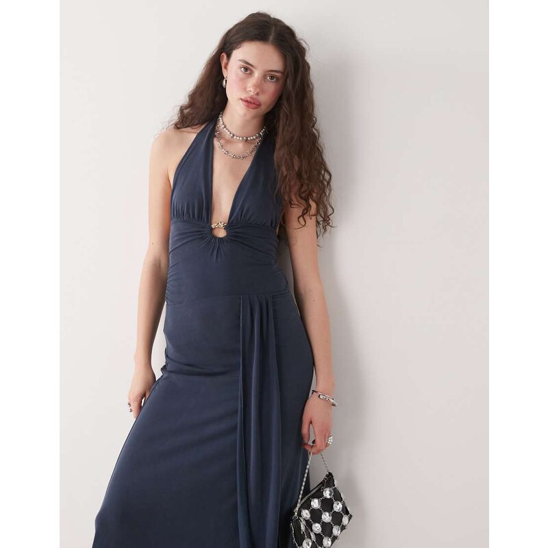 Motel ryoko wrap detail slinky midaxi halter dress in ocean