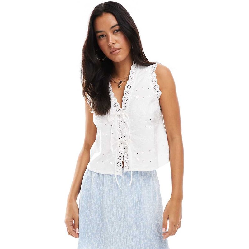 Pieces broderie trim tie front sleeveless poplin top in white