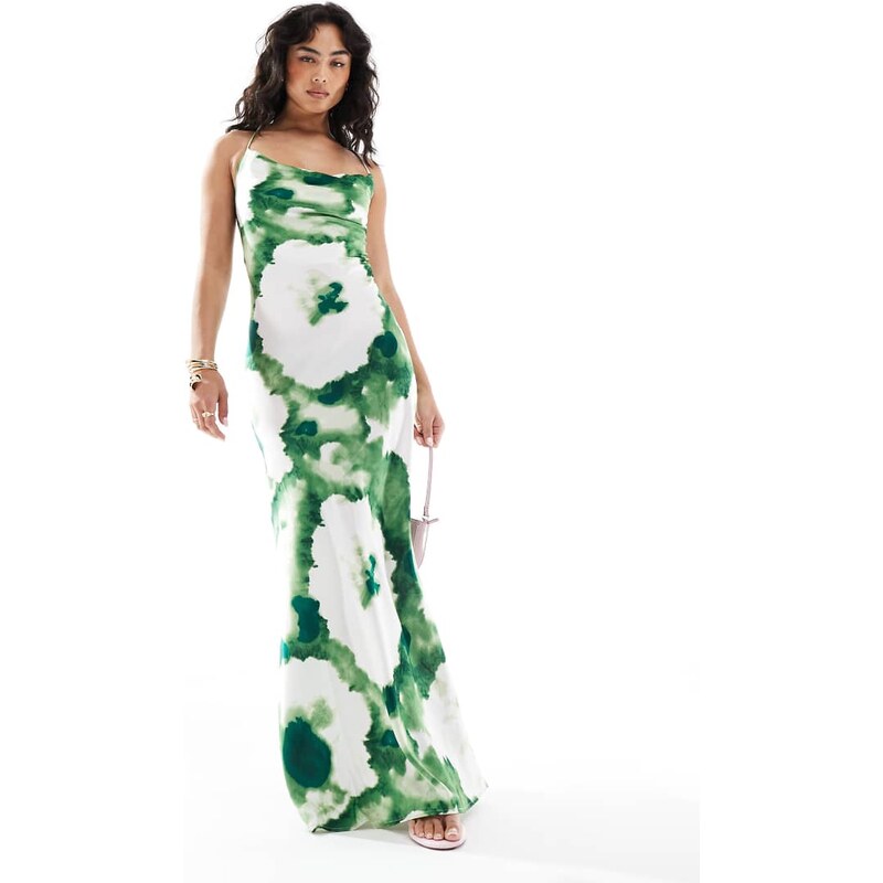 Object satin low cross back maxi slip dress in abstract green floral 115609821