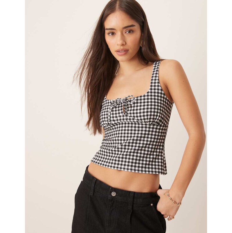 ASOS DESIGN milk maid ruched bust top with tie detail in black gingham 106470551