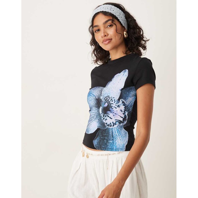 ASOS DESIGN baby tee with blue floral graphic in black
