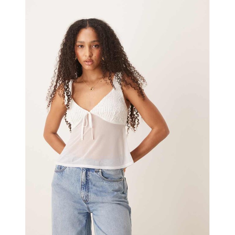 ASOS DESIGN mesh cami top with bow detail in ivory-White